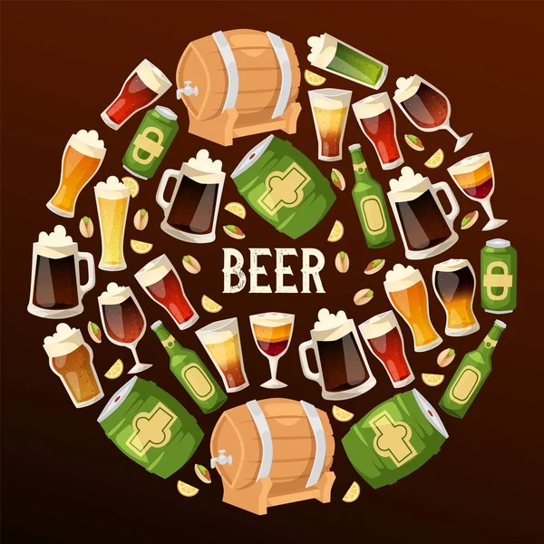 Cerveza en cervecería cervecería vector cerveza barril cerveza taza oscura ale ilustración telón de fondo de la botella de cerveza en el bar en la cerveza alcohol fiesta banner de fondo — Vector de stock