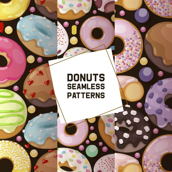 Donut Vektor nahtlose Muster Donut Lebensmittel glasiert süßes Dessert mit Zucker Schokolade in Bäckerei Illustration Hintergrund Set von bunten Backteig mit Zuckerguss Hintergrund — Stockvektor