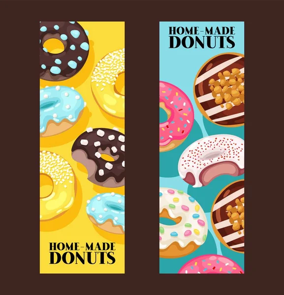Donut vector doughnut food glazed sweet dessert with sugar chocolate in bakery illustration backdrop set of colorful backed dough with icing background banner