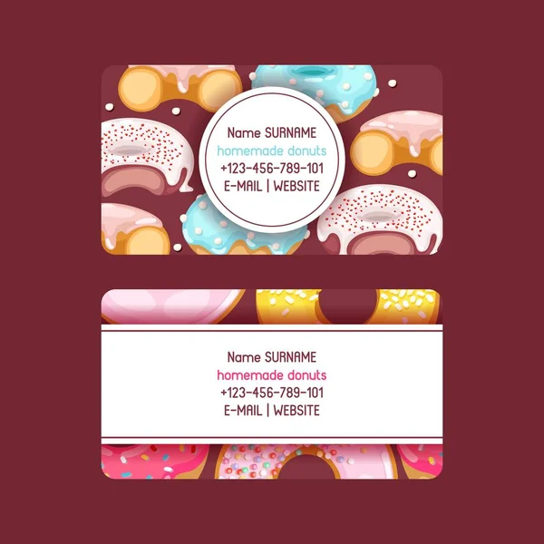 Δουλειά με ντόνατς με βάση το γλυκό επιδόρπιο με σοκολάτα και ζάχαρη στην κουζίνα με φόντο το μείγμα από πολύχρωμη ζύμη με χρώμα από γλάσο, επαγγελματική κάρτα — Διανυσματικό Αρχείο