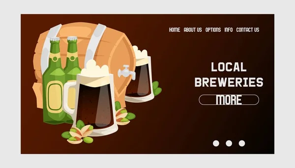 Pivo v pivnice pivovarnické webové stránce v pivní láhvi a tmavé pivo ilustrace beerbaretu v baru na líhně na straně s alkoholem na pozadí Web-stránka — Stockový vektor