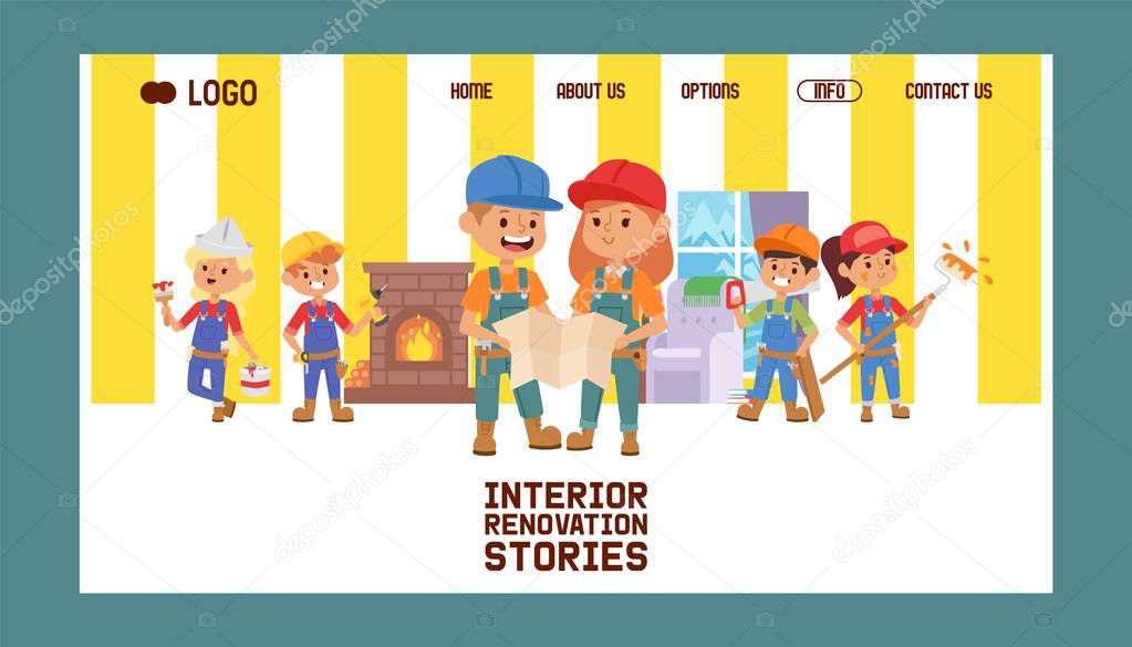 Builder vector web page constructor children character building construction design illustration backdrop of worker contractor kid buildup constructively background landing web-page