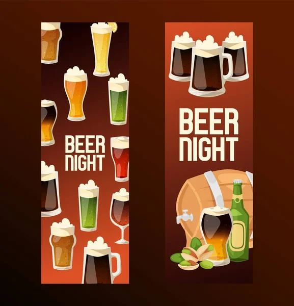 Cerveza en cervecería cervecería vector cerveza jarra botella de cerveza y cerveza oscura ilustración telón de fondo conjunto de barril de cerveza en el bar en cerveza alcohol fiesta banner de fondo — Vector de stock