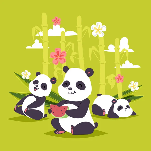 Panda vector bearcat chinese bear with bamboo playing or sleeping illustration backdrop of giant panda eating watermelon background flowery wallpaper — Stock Vector