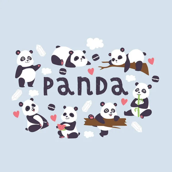 Panda vector bearcat chinese bear with bamboo in love playing or sleeping illustration backdrop of giant panda eating watermelon background wallpaper — Stock Vector