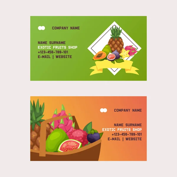 Fruits vector business card fruity apple banana and exotic papaya background fresh slices of tropical dragonfruit juicy orange illustration fruitful backdrop set business-card — Stock Vector