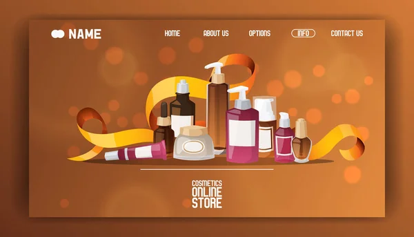 Beauty cosmetic store landing page vector flat illustration. Health and beauty shop with cosmetics. Make up concept. Different cosmetics, gifts creams for body professional, perfume banner — Stock Vector