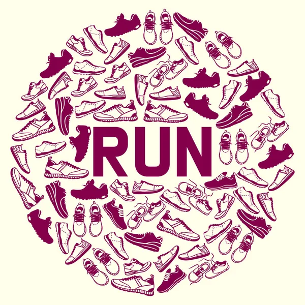 Corre más rápido letras cartel correr zapatos vector zapatillas de deporte o zapatillas de deporte con signos de texto para tipografía ilustración corredores inscripciones ir ejecutar folleto de silueta de calzado. Concepto de motivación . — Vector de stock