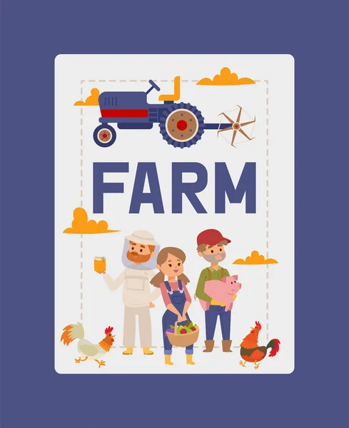 Lidé nakupující čerstvou místní zeleninu z proužkové vektorová ilustrace. Plakát s mléčnou farmou. Obchod s potravinami. Bioprodukty letní zahrady. — Stockový vektor