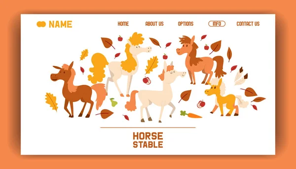 Horse farm stable vector flat cartoon illustration landing page. Purebred beautiful animal thoroughbred banner. Brown ranch equestrian racehorse web page.