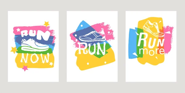 Lancer lettrage sur chaussures de course baskets vectorielles ou cartes de baskets avec des signes de texte pour la typographie illustration ensemble d'inscriptions coureurs courir maintenant. Motivation formation motion poster . — Image vectorielle