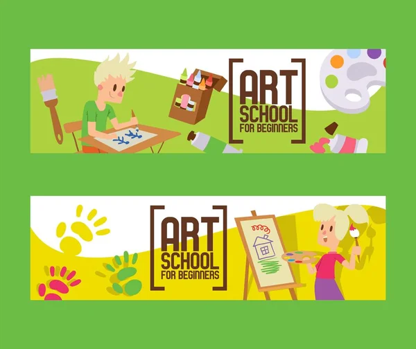 Art school for beginners set of banners. Girl and boy drawing, painting, sketching on easel. Education, enjoyment concept. Pencils, watercolor, crayons. Creative people. Hand print. — Stock Vector