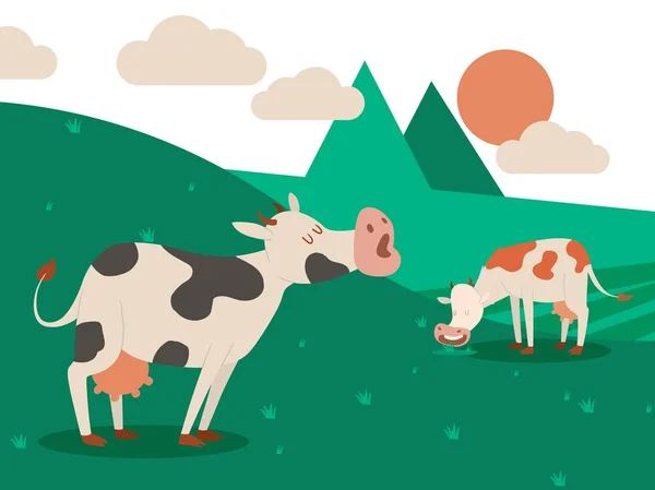 Milchviehbetrieb und eine Herde Kühe in einer wunderschönen Sommerlandschaft. Kuh frisst Gras. Vektorillustration. Haustier mit kleinen Hörnern und Euter für die Milchproduktion, grüne Wiese mit hübschem Haustier. — Stockvektor