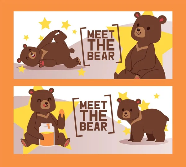 Poznaj zestaw niedźwiedzia cyrk transparenty ilustracji wektorowych. Cartoon brązowy niedźwiedź Grizzly. Teddy w różnych pozie i działalności, siedząc, tańczyć i leżąc, jedząc słodki miód ze szklanego słoika. — Wektor stockowy