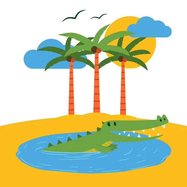 Terrarium tropische Insel Banner Vektor Illustration. Karikatur lustiges Krokodil im Teich in Strandnähe mit Palmen. Ufer des Meeres oder Ozeans. Tiere an Land. Sonne und Wolken. — Stockvektor