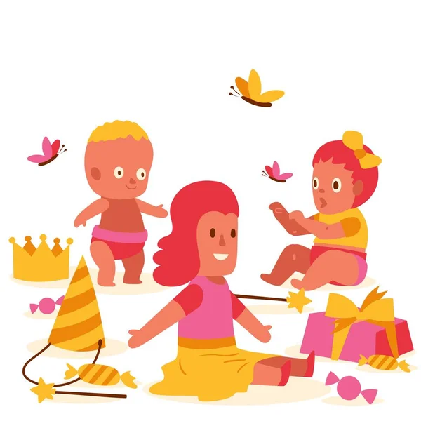 Kis babák gyűjtemény banner vektoros illusztráció. Játék a ruha pillangók a háttérben. Gyerekkori baba játékok női kiegészítők. Crown, Varázspálca, cukorkák, jelen. — Stock Vector