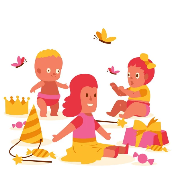 Pequeñas muñecas colección banner vector ilustración. Juguete en vestido con mariposas sobre fondo. Juguetes infantiles para bebés con accesorios femeninos. Corona, varita mágica, caramelos, presente . — Archivo Imágenes Vectoriales