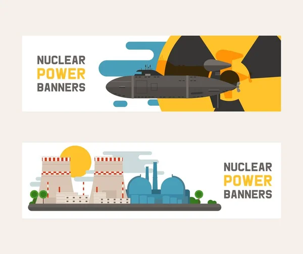 Radioactive, nuclear power plant building, explosion of bomb, atomic icons set of banners vector illustration. Flying rocket, radiation sign. Environmental pollution. Danger. — Stock Vector