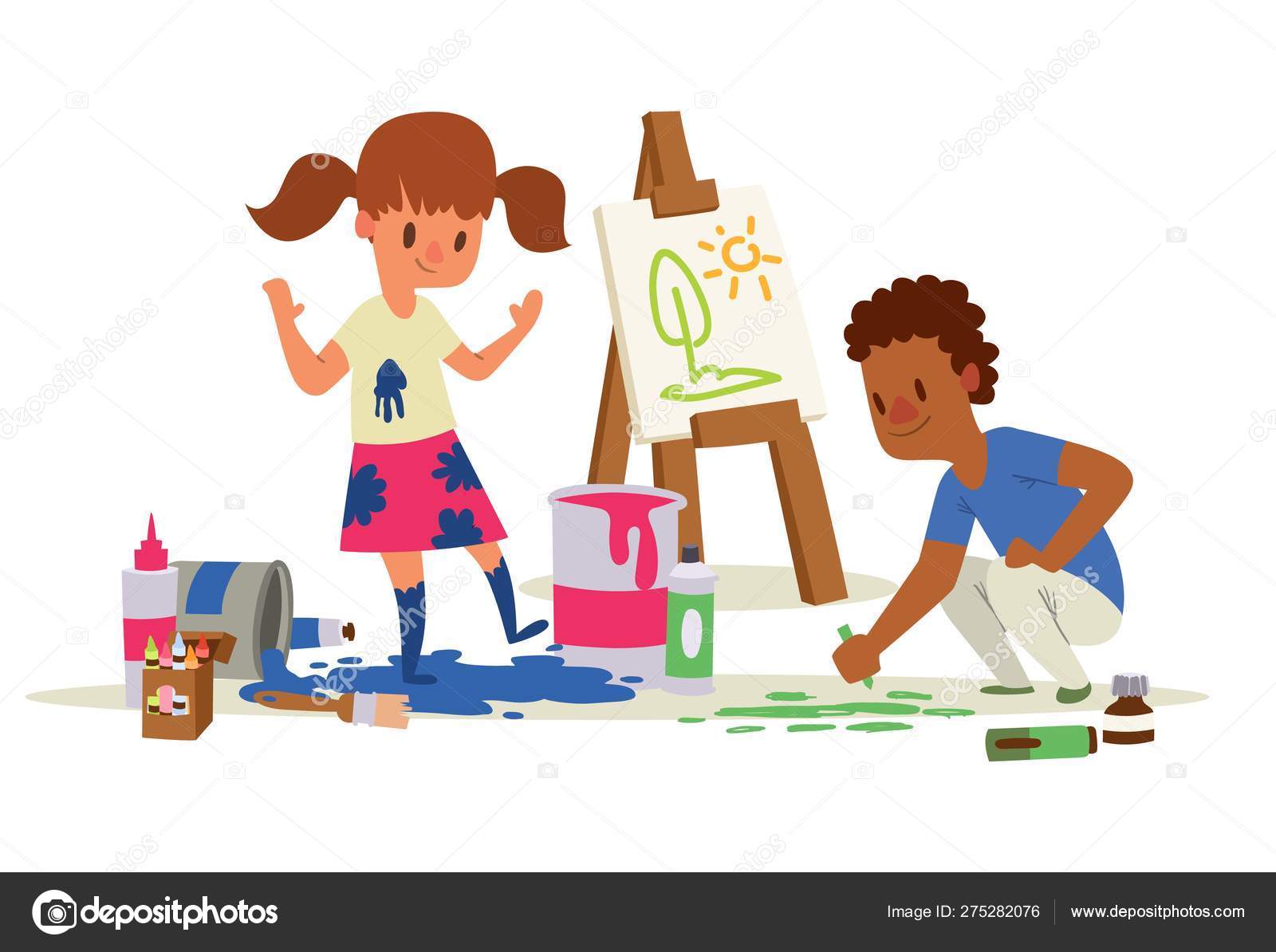 창조적 인 아이 배너 벡터 일러스트 레이션. 소녀와 소년 그림, 그림, 이젤에 스케치. 교육, 즐거움 개념. 연필, 수채화, 크레용.  더러운 옷. 크리에이티브 아이. 스톡 벡터 - ©adekvat 275282076, image size:1600x1194
