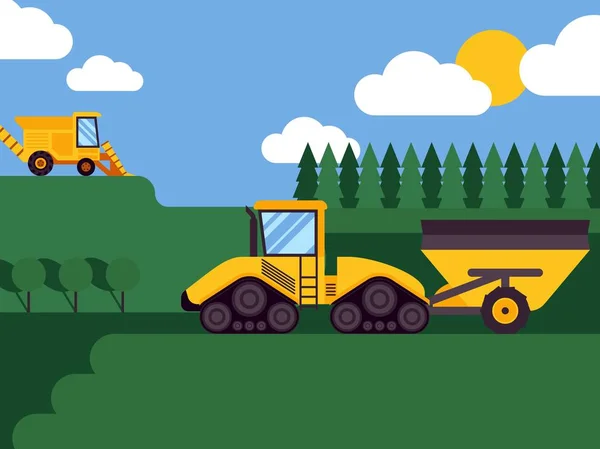 Mezőgazdasági kombájnok szezonális gazdálkodás táj jelenet illusztráció háttérvektor. Mezők és erdők. Betakarítási berendezés Ipari haszonjárművek, kombájnok. — Stock Vector