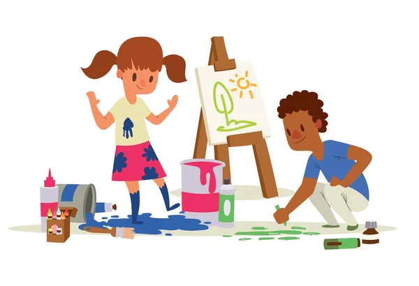 Creative kids banner vector illustration. Girl and boy drawing, painting, sketching on easel. Education, enjoyment concept. Pencils, watercolor, crayons. Dirty clothing. Creative child. — Stock Vector