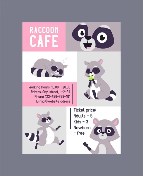 Poster iklan vektor poster Raccoon cafe. Kartun lucu duduk hewan dengan bunga dan cabang. Makhluk dengan mata besar. Informasi kontak seperti surel, telepon . - Stok Vektor