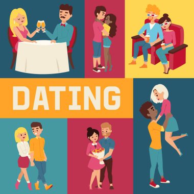 Dating afiş vektör illüstrasyon. İnsanlar restoranda oturup şampanya içiyor. Sinemada 3d gözlük Cople. Film izliyorum. Kadına demet çiçek sunan adam.