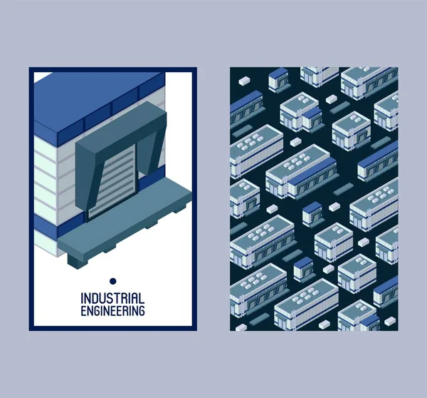 Industrial engineering isometric building set of banners vector illustration. Power energy plant, nuclear, heating, gas production. Industrial exterior. Industry entrance.