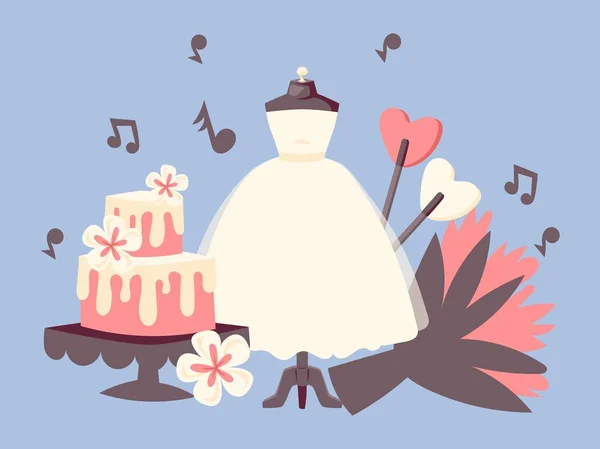Ślub dzień zaproszenie zestaw z tort weselny, bukiet kwiatów, nuty muzyki i białej sukni baner wektor ilustracji. Manekina z odzieżą dla panny młodej. Akcesoria ślubne. — Wektor stockowy