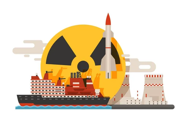 Ραδιενεργό, πυρηνικό κτίριο, έκρηξη βόμβας, ατομικές εικόνες, εικονογράφηση διανυσματικών πανό. Ιπτάμενη ρουκέτα, πινακίδα ακτινοβολίας. Ρύπανση του περιβάλλοντος. Κίνδυνο. — Διανυσματικό Αρχείο