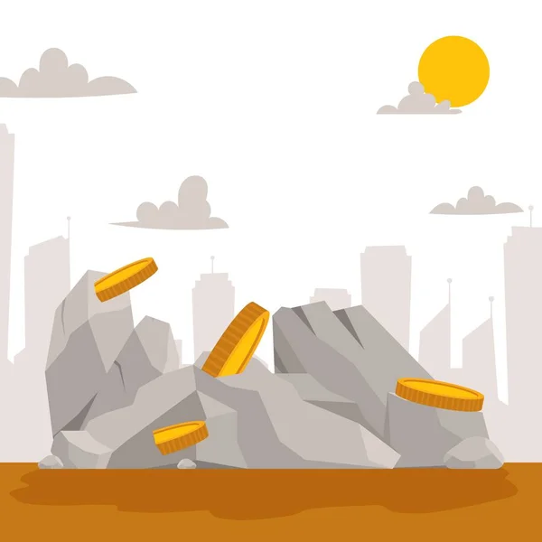 Construcción de piedras con monedas de oro banner plano de dibujos animados. Piedras y rocas en la ilustración vectorial de estilo isométrico 3d. Conjunto de cantos rodados de diferente forma y color. Material natural pesado . — Vector de stock