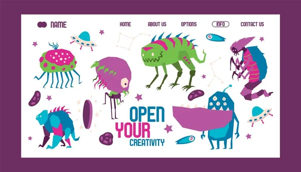 Open uw creativiteit banner Web Design banner vector illustratie. Cartoon monsterlijke karakter, schepsel of grappige Gremlin op Halloween voor kinderen. Ruimtevaartuig voor Cosmos-reizen. — Stockvector