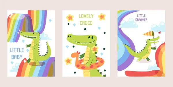 Cartoon funny crocodiles set of banners, cards vector illustration. Little baby dreamer, lovely croco in inflatable ring. Rainbow in clouds. Reptile walking with net catching butterfly. — Stock Vector