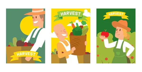 야채 수확을 바구니와 상자 세트카드, 포스터 벡터 일러스트로 따기 하는 농부. 여성과 남성 캐릭터 수확. 국가 정원 풍경입니다. 토마토를 들고 있는 여자. — 스톡 벡터