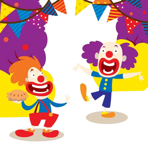 Clowner för din parti banner vektor illustration. Roliga karaktärer och olika cirkus tillbehör. Tecknad clown Holding pie, komiker och Jester Performance i kostym. — Stock vektor