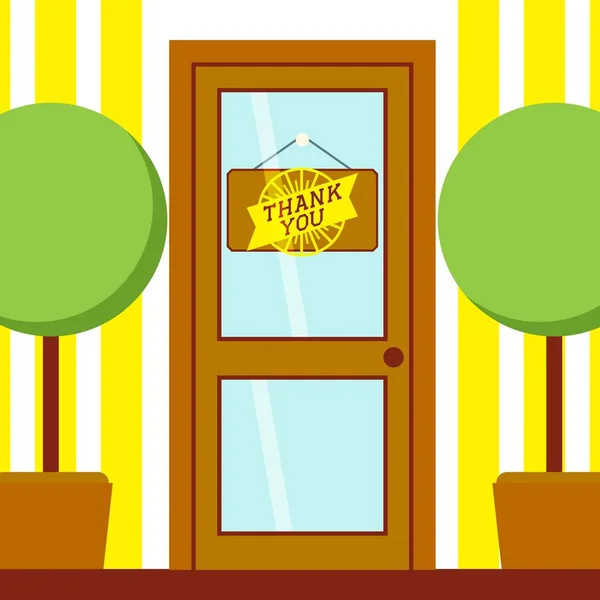 Tack text skylt på dörr banner vektor illustration. Två träd i krukor på sidorna av ingången till rummet eller butiken. Tapeter med färgglada linjer. Trä dörr med glas. — Stock vektor