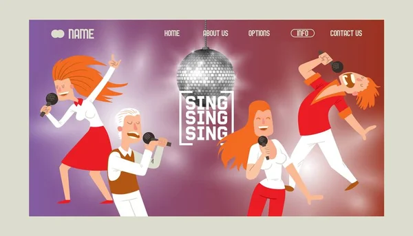 Ilustrace vektorové konstrukce webu karaoke bar. Lidé zpívají a tančí v karaoke. Ženy a muži se baví, provádějí mikrofon. Zpěvačka. Zářící disco míč. — Stockový vektor