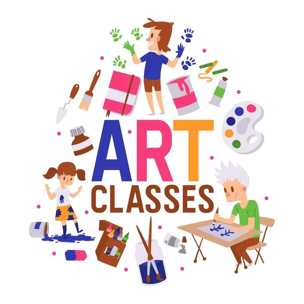 Art classes banner vector illustration. Girl and boys drawing, painting, sketching on with equipment. Education, enjoyment concept. Pencils, watercolor, crayons. Creative people. — Stock Vector