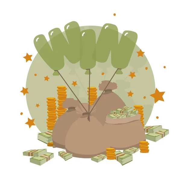 Volledige zakken met geld gebonden met ballonnen in de vorm van Word Win banner vector illustratie. Gestapelde dollar stapels geld en gouden munten. Geld winnen, loterij, kampioenschap. — Stockvector