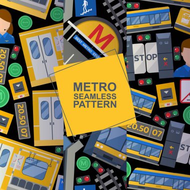 Tren, platform, bilet, sürücü, kapı, kart, çizgilerile harita dahil olmak üzere sorunsuz desen arka plan metro istasyonu elemanları kümesi. Toplu taşımanın vektör illüstrasyonu.