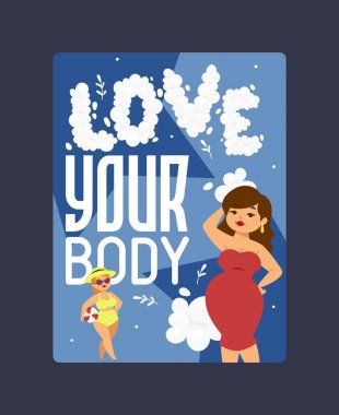 Love vücut poster vektör illüstrasyon. Artı şık elbise ve gözlük, şapka ve top ile mayo boyutu kızlar. Tombul, kıvrımlı, kilolu kadın modelleri şekillerini kabul.