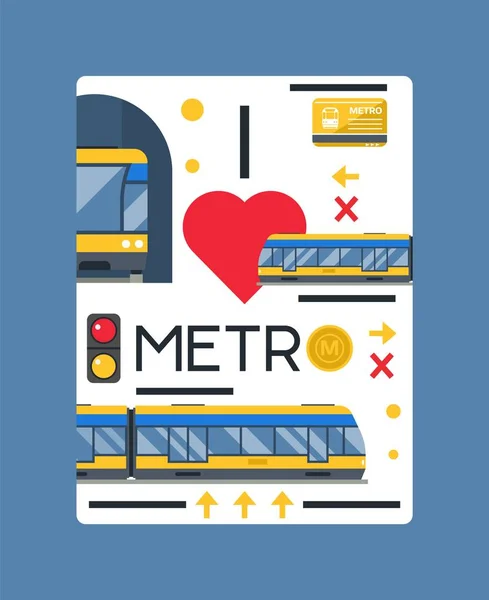 Jag älskar Metro affisch vektor illustration. Metro Station element inklusive tåg, plattform, elektroniskt kort, trafikljus. Stads kollektivtrafiken. Reser runt i stan. Snabbt sätt att flytta. — Stock vektor