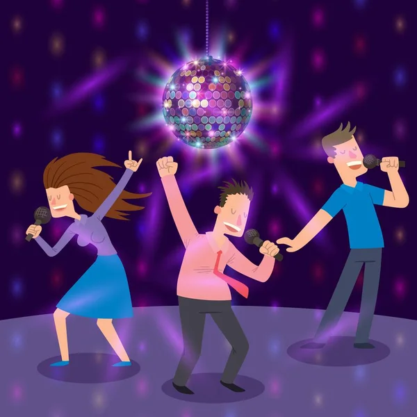 Nápis-karaoke bar, ilustrace obrazu. Lidé zpívají a tančí v karaoke. Ženy a muži se baví, provádějí mikrofon. Zpěvačka. Zářící disco míč. — Stockový vektor
