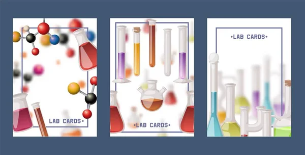 Laboratory flasks set of cards vector illustration. Different laboratory glassware and liquid for analysis, test tubes with liquid of different colors. Chemical and biological experiments.