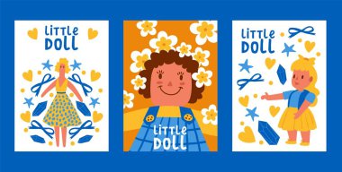 Posterler küçük bebek koleksiyonu seti, kartlar vektör illüstrasyon. Yay, yıldız, taş, çiçek ile yaz elbise oyuncak. Kadın aksesuarları ile Çocukluk bebek oyuncakları. Kız oyunları.