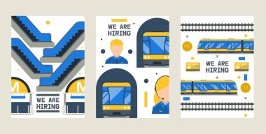 Biz kartlar, posterler vektör illüstrasyon kümesi işe vardır. Tren, platform, bilet, sürücü, giriş kapısı, kart, yürüyen merdiven vektör illüstrasyon dahil metro istasyonu elemanları.