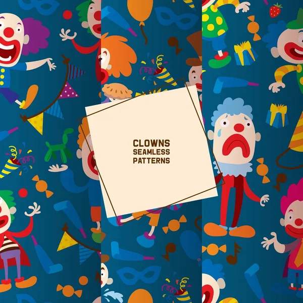 Grappige clowns personages en verschillende Circus accessoires naadloze patroon. Teken cartoon clown, komiek en Jester prestaties in kostuum, vector illustratie. Lachen, trieste gezichten. — Stockvector