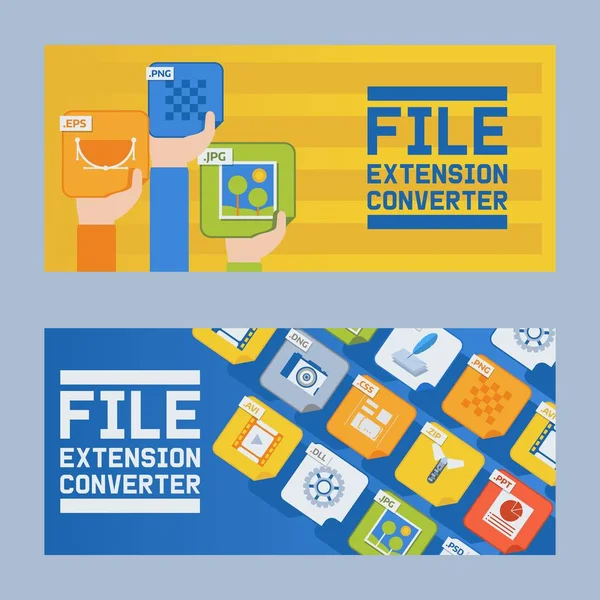 File extension converter set of banners vector illustration. Audio, photo, image, word file type. Document format. Pictogram. Web and multimedia. People hands holding icons. — Stock Vector