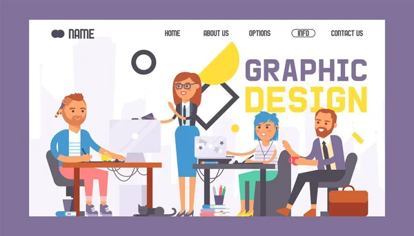 Графічний дизайн банера веб-дизайну Векторні ілюстрації. Заняття зі студентами-художниками. Люди вчаться малювати на комп'ютерах, ноутбуках з планшетів. Чоловік і жінка створюють дизайн . — стоковий вектор