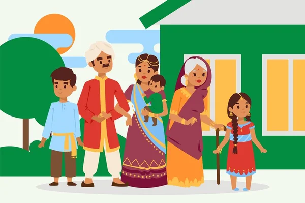 Μεγάλη ευτυχισμένη ινδική οικογένεια σε εθνική εικόνα του φορέα φόρεμα. Γονείς, γιαγιά και παιδιά καρτούν χαρακτήρες. Οι οικογενειακές γενιές στέκονται μαζί, ηλικιωμένη γυναίκα με εγγόνια. — Διανυσματικό Αρχείο